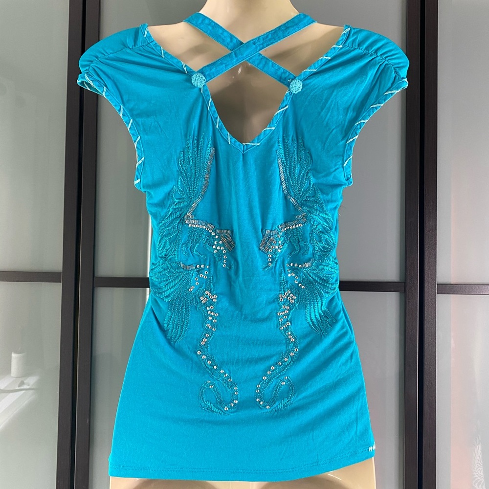 Parasuco turquoise v-neck top t-shirt with design